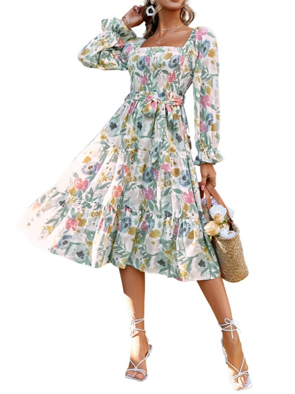 Women's Short Sleeve Smocked Square Neck A Line Summer Flowy Maxi Long Dress